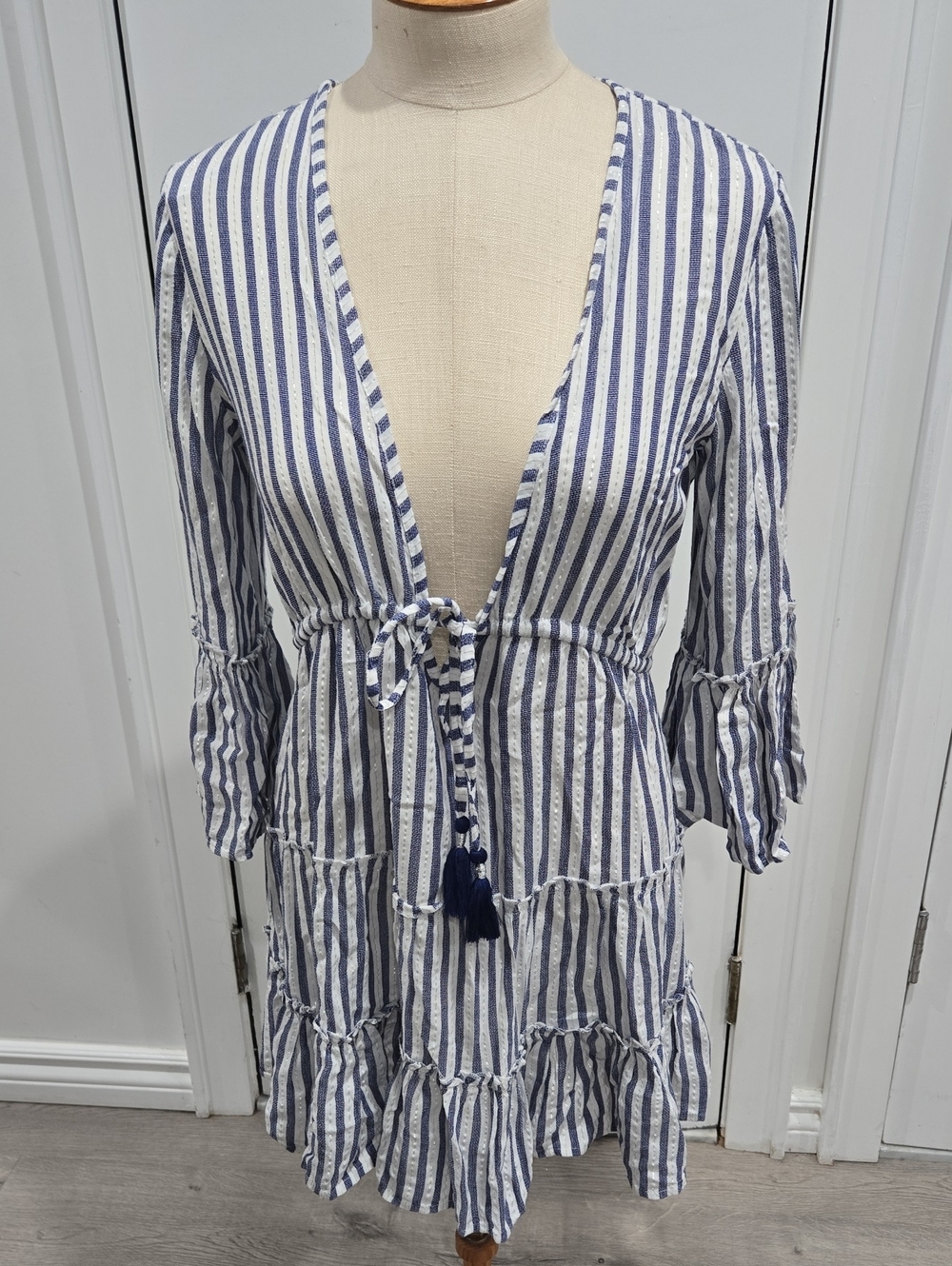 Blue Island Navy and White Striped Mini Dress Mediterranean Style XS
